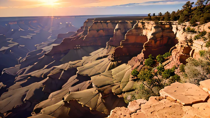 advertising photo, panoramic wide angle shot, at grand canyon, full view, shoot from top of rock of plateau in front,  overlooki...