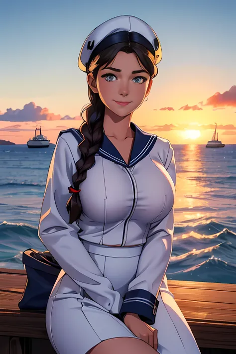 (High quality, High resolution, Fine details), Realistic, (navy), Sail ships, prow, Sunset, Sparkling water, white clouds, Solo, Slim woman, navy sailor hat, navy blue sailor uniform, Braided hair, Sparkling eyes, (Detailed eyes), Smile, Sweat, Oily skin, ...