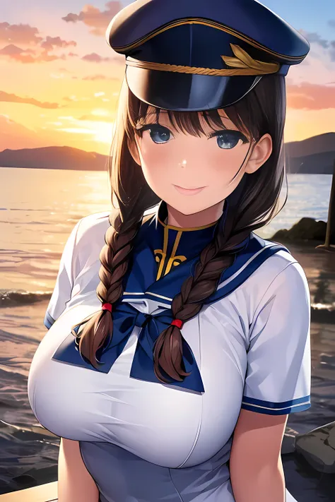 (High quality, High resolution, Fine details), Realistic, (navy), Sail ships, prow, Sunset, Sparkling water, white clouds, Solo, Slim woman, navy sailor hat, navy blue sailor uniform, Braided hair, Sparkling eyes, (Detailed eyes), Smile, Sweat, Oily skin, ...