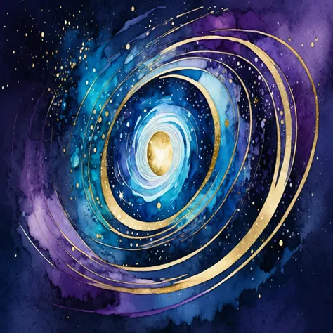 Design a 3D watercolor abstract illustration that mimics the dynamic and ethereal movement of cosmic energy. The piece should feature vibrant swirls and splashes of deep blues, purples, and hints of gold, creating a sense of depth and motion. Integrate sub...