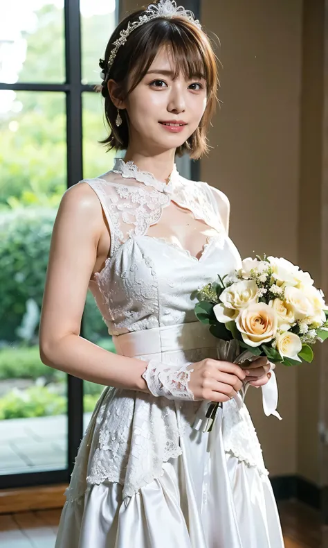 flower hair ornaments、tiara、please wear white lace gloves、big smile、holding a bouquet、a lovely smile、gorgeous white silk dress w...