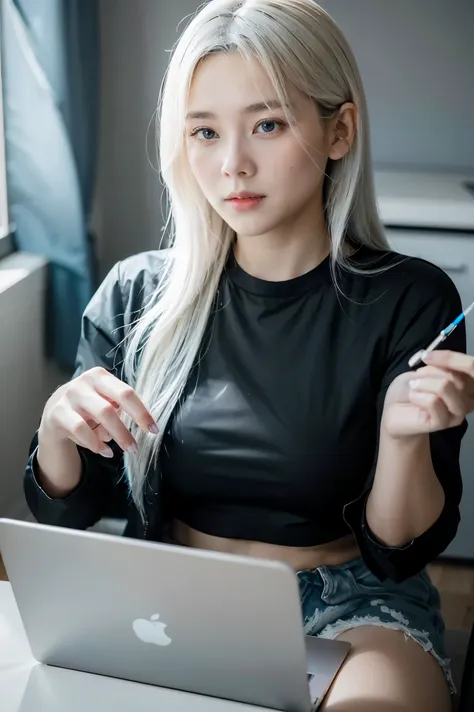 a young lady sitting fiddling with his laptop with white hair a black t-shirt with blue overcoat, his power is technology, semi-...