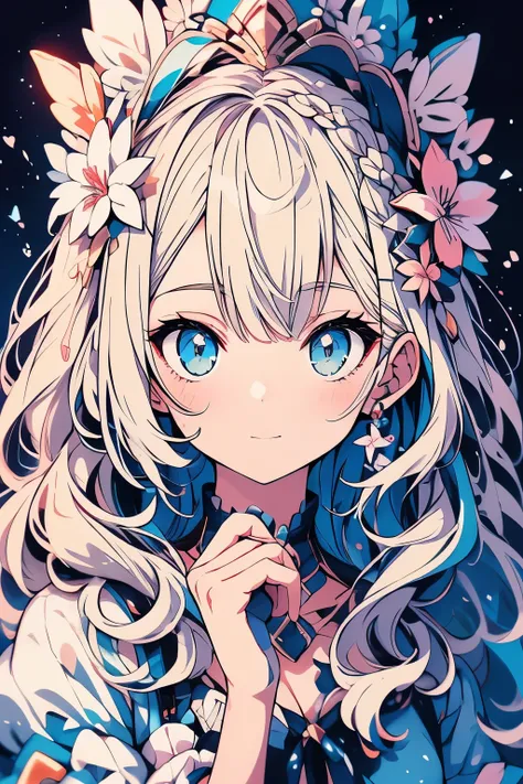 A beautiful anime girl with long hair wearing an elegant hat, flowers, making the silence gesture with one finger to her lips, surrounded by blue and white floral patterns, wearing lace in a light cyan style with light green and light yellow tones, soft li...