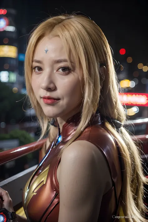 a close up of a person with long hair and a ironman red clothes super hero costume , tsunade, tsunade from anime naruto shippude...