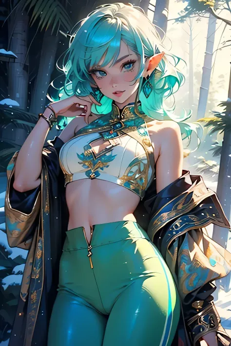 elf,green hair,beautiful female  Elf, medium breasts, slim waist, wide hips, freckles, 


pointed ears,(((turquoise_eyes:1.3))),intricate eyes,beautiful detailed eyes,symmetrical eyes,blonde hair,(((lustrous skin:1.5,bright skin: 1.5,skin tanned,shiny skin...