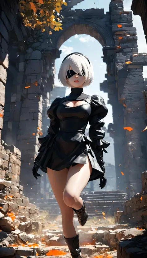 best quality, Best Illustration, Highly detailed CG Unity 8k wallpaper,Dark fantasy setting,Beautiful girl,yorha2b,black blindfold, sexy detailed face, short hair, white hair, black hairband, mole under mouth, Tight combat suit,miniskirt,Cast Shadows,Stand...