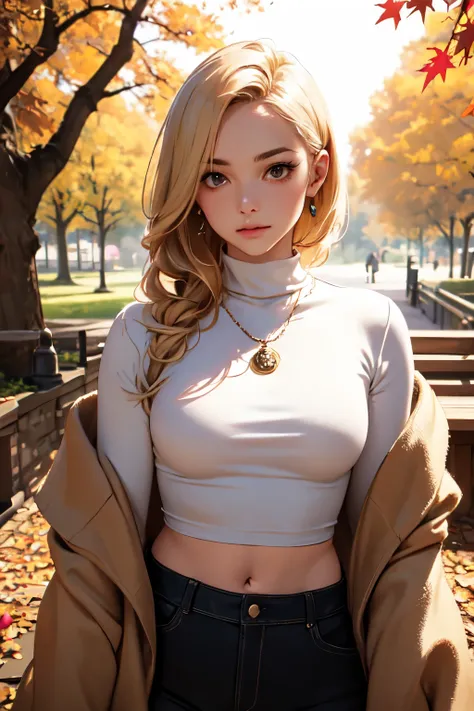 best quality, masterpiece, high resolution, steam punk,//A park filled with autumn foliage, lady wearing cropped shirt, cozy blanket, blonde hair, sexy pose, sexy body,