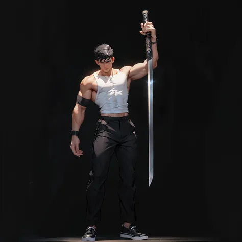 boys 26 Years old, Serious face, muscular, long hair, wearing (white round neck shirts), sleeveless shirts, ((black trousers)), ((black slip-ons shoes)), ((standing pose)), holding giant sword, standing on ocean, stormy weather 