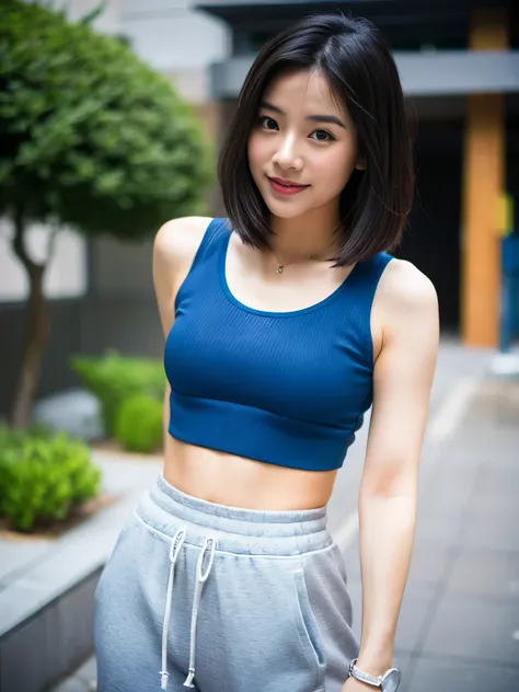 arafed asian woman in a blue crop top and grey sweatpants, a picture by Leng Mei, tumblr, shin hanga, young asian girl, wearing crop top, beautiful asian girl, beautiful midriff, wearing a sexy cropped top, croptop, asian girl, physical : tinyest midriff e...