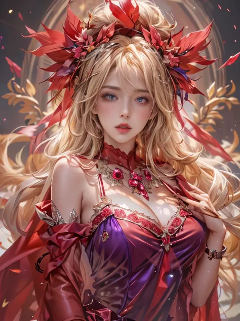 Ultra-high resolution, highest quality, photograph, 4K, (Realistic:1.4), Girl with a wreath on her head, Long Blonde Hair, Big firm Breasts, hard nipples, Sexy, Sharp Eyes, Break, dynamic sexy poses, sweat, wearing (red:1.2) see-through long frilly dress, ...