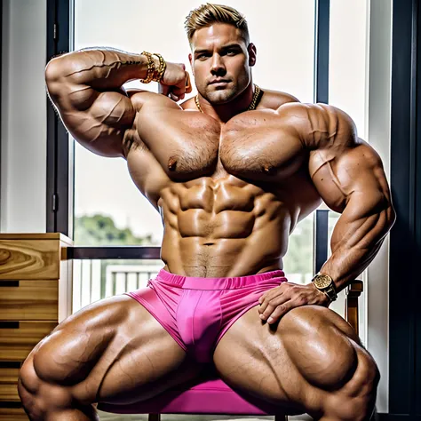 full view full body, a Super huge blond massive bodybuilder Scott Porter with undercut haircut, being the strongest and biggest muscleman of the world, with powerful over-muscular body, enormous arms, wearing pink lycra shorts, pink chunky sneakers and lon...