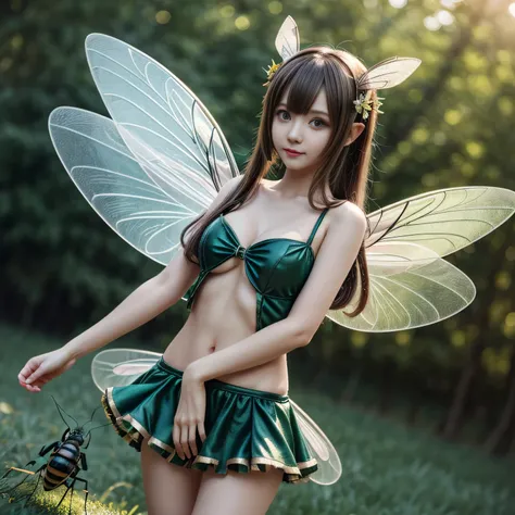 Anime girl in green and black costume on wings and green background, pixie character, fairy, forest fairy, insect trainer girl, brunette elf with fairy wings, pixie, cute 3d anime girl rendering, April rendering, fairy dance, open legs, upskirt