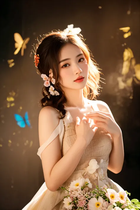 there is a woman in a dress holding a bouquet of flowers, captured on canon eos r 6, gorgeous chinese model, shot on canon eos r 5, shot on canon eos r5, sha xi, Ghost Festival, taken with canon eos 5 d mark iv, photo taken with nikon d 7 5 0, photo taken ...