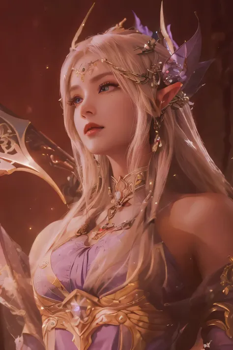 Close-up of a woman holding a sword in a purple dress, Lineage 2 Revolutionary style, 4K detail fantasy, movie goddess close-up, from Bloodline 2, beautiful and elegant elf queen, Unreal Engine rendering + goddess, shadow messenger movie, seductive elf pri...