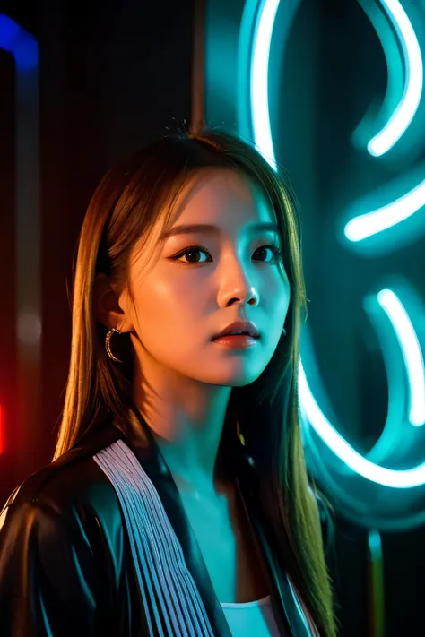 there is a woman standing in front of a neon sign, roseanne park of blackpink, trending on cgstation, trending at cgstation, jossi of blackpink, kda, portrait of jossi of blackpink, jaeyeon nam, xision wu, sun yunjoo, captured on canon eos r 6, cai xukun, ...