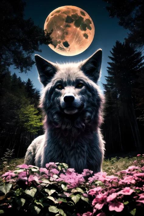 loup assis face lune en foret pleine lune effet couleur rose