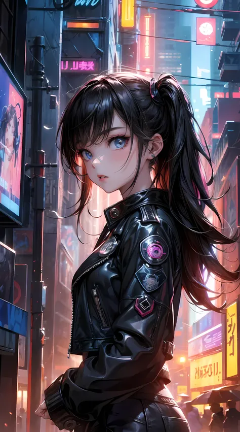 portrait of emb-haiz, pretty face, cyberpunk city by night. she was wearing a leather jacket,underwear,  black jeans, dramatic l...