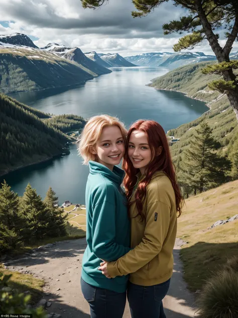 2girls, blonde hair, red hair, green pupils, looking at viewer, close together, smile, take your pick, fjords of norway, pine trees, cloudy overcast, contrast between shadow and light, vast valley, lake, tall hills, (photography, photorealism, realistic:1....