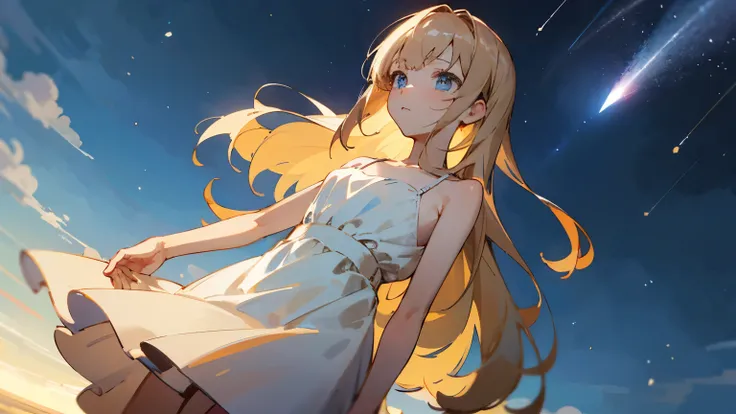 ((highest quality)), ((masterpiece)), (detailed), Perfect Face,Anime Images、Looking up at the night sky、Hair Color Beige、Eye colorBlue、White dress、Cami dress、Front hair bangs、long hair、whole body、24-years-old、Empty-handed、Hands Behind Back、Back view、Look u...