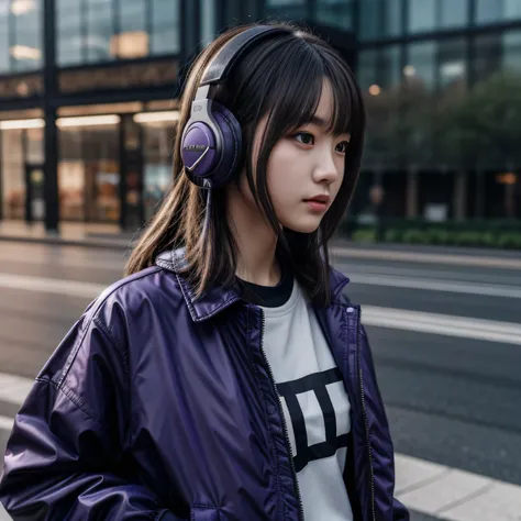 One girl, Gray Hair, Long Hair, Techwear masterpiece, highest quality, Realistic, realism, Dark purple jacket, Portraiture, Fine grain, Wearing the headset, Platinum Hair, 21 year old girl, Fashion pose, Half Body, Wide shot, on the road, cyber punk