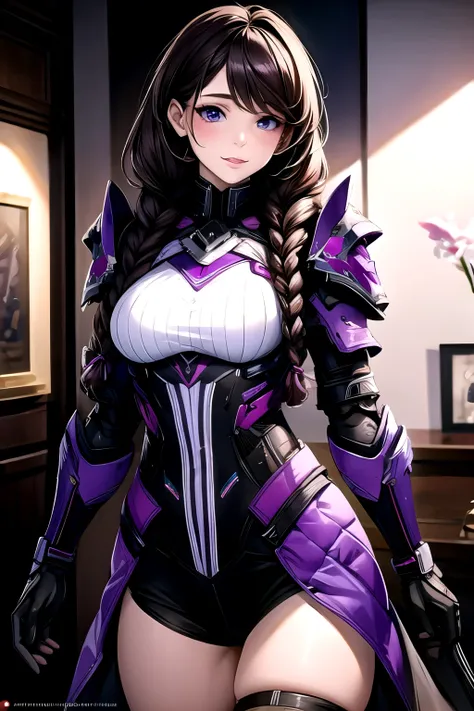 (masterpiece, best quality:1.2), 1 battle girl, solitary,purple and white ombre double braids,warframe,,warframe，conservative ar...