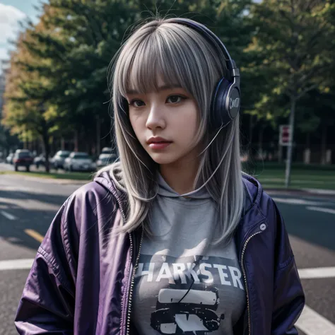 One girl, Gray Hair, Long Hair, Techwear masterpiece, highest quality, Realistic, realism, Dark purple jacket, Portraiture, Fine grain, Wearing the headset, Platinum Hair, 21 year old girl, Fashion pose, Half Body, Wide shot, on the road, cyber punk