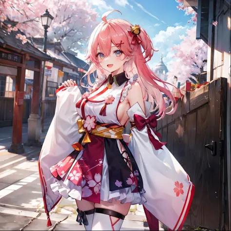 masterpiece, best quality, highres, miko1, sakura_miko, 1girl, big_boobs, solo, ahoge, x_hair_ornament, pink_hair, floral print, hairclip,(side_less_clothes:1.5), (side_boobs:1.5), hair_bell, floral print, long_hair, hair between eyes, one side up, white t...