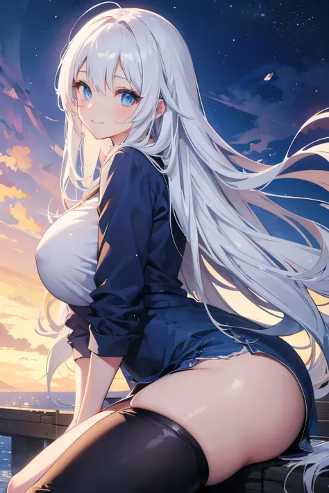 high quality, anime style, solo, 1 girl, smiling, relaxed, casual outfit, very long white hair, blue eyes, light makeup, huge breasts, huge fat ass, very thick thighs