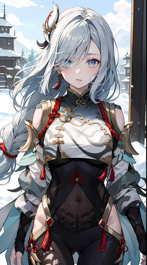 shenhedef, upper body, seductive look, blush, outdoors, snowflake scenery, looking at viewer, cloudy, moody lighting, (perfect detail eyes:1.2), glowing eyes, (long hair one braid:1.2), elemental skill effect, (Masterpiece, Best Quality, High Quality:1.4),...