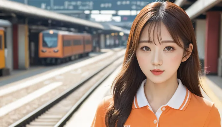 Realistic photos (1 cute Korean star) Reverse hair, light makeup, Middle breast size, Orange polo shirt, At the train station, Canon EOS Clear Facial Features, 16k, High resolution, Sharp and realistic details,  Exposure, interrupt, 超High resolution, High ...