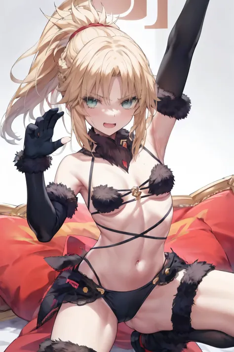 Masterpiece, Best Quality, illustration, city, 1girl, Mordred (fate), collarbone, Detailed blond hair ponytail braid, green eyes,,navel,thigh-high, covered_pussy,flat_chest,long_sworddangerousbeast,elbow_gloves,
,wolf_tail,wolf_ears,fang,happy,nihil,smile,...