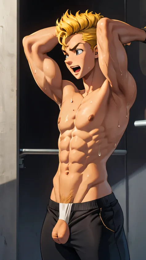 High quality, detailed face, navel, high resolution, whole body, a 16 yo boy, topless, Topless, texture body, blonde hair, strong thigh muscles, muscular arms, sweat dripping, wear black pants  , Bulging underwear by genitals, Raise your arms to expose you...