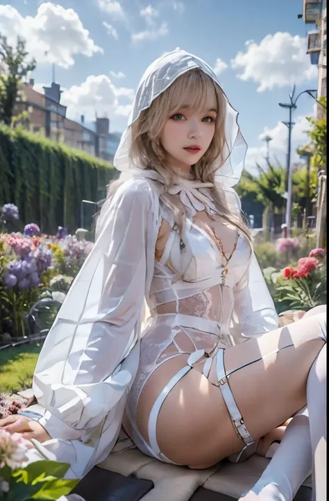 TTTUUU,1 Girl,3d,hood,,lace,leg，looking at viewer,photorealistic,realistic, Garden, Buildings,Leg socks，