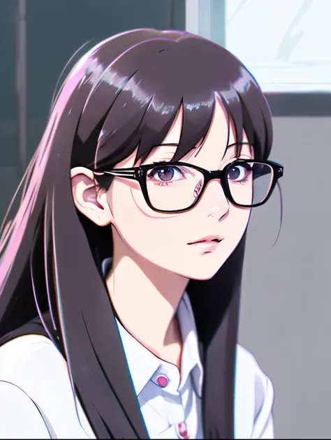 a cartoon girl with glasses and a white shirt is looking at the camera, lofi portrait, in an anime style, anime style portrait, lofi girl, in anime style, with glasses, lofi artstyle, semirealistic anime style, halfbody portrait, kawaii realistic portrait,...