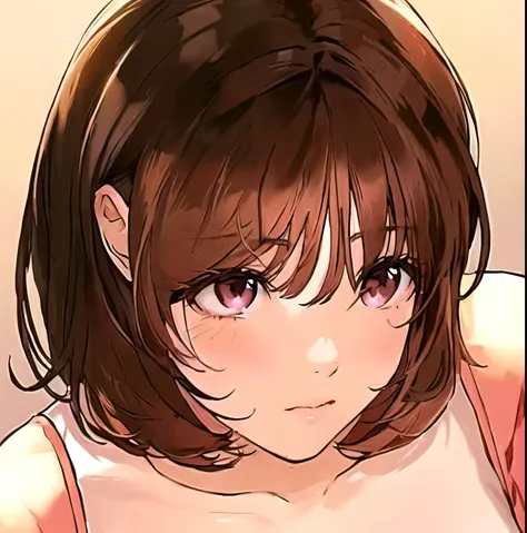 anime girl with brown hair and a pink top, cute natural anime face, kawaii realistic portrait, cute anime face, detailed anime soft face, seductive anime girl, short brown hair and large eyes, extremely cute anime girl face, cute anime girl portraits, cute...