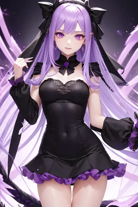 Character is a young demon girl, approximately 18-19 years old, approximately 165 cm tall. Slim body, good figure, proportionate figure, cute face, eye color and hair color are amethyst purple.She wore a knee-length black dress and held a bow made from dra...