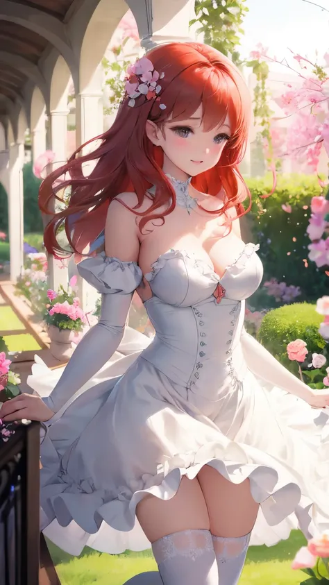 Delicate Composition, hyper detailed, best quality, blurry foreground, dynamic view, 1 girl, (seductive smile:0.6), solo, breasts, thighhighs, red hair, hair in takes,  beautiful detailed garden, fluttered detailed petal, grow, 