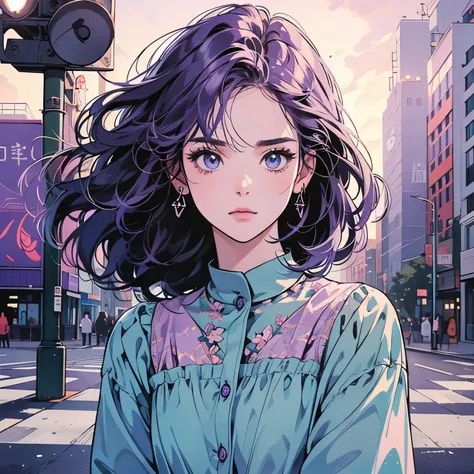 upper body、from below、1 pretty woman、4k、shirt、pedestrian crossing、Signal 、intersection、Complex background、Detailed Hair、purple hair、Faint lighting、Strong gaze、The wind is blowing、Clear Eyes、medium hair、relaxed