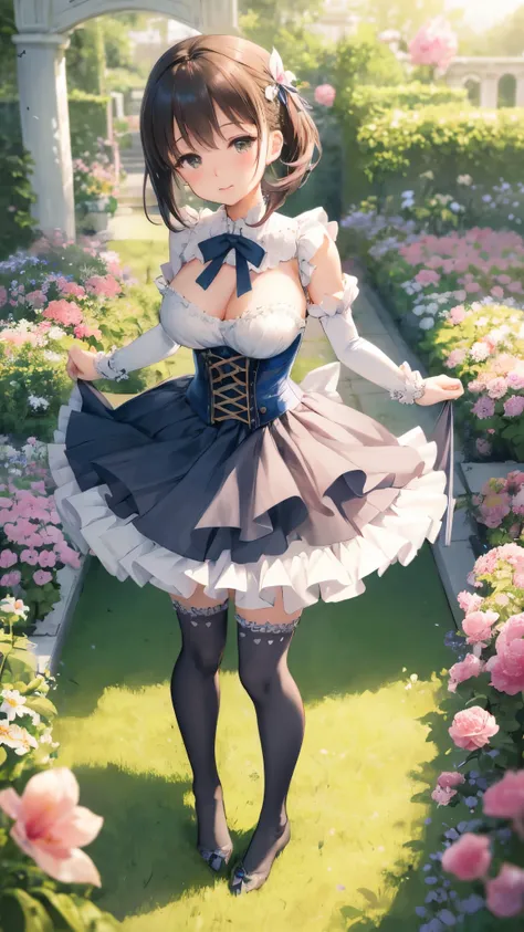 Delicate Composition, hyper detailed, best quality, blurry foreground, dynamic view, 1 girl, (seductive smile:0.6), solo, breasts, thighhighs, hair in takes, aichan, from above, beautiful detailed garden, fluttered detailed petal, grow, corset, microskirt,...