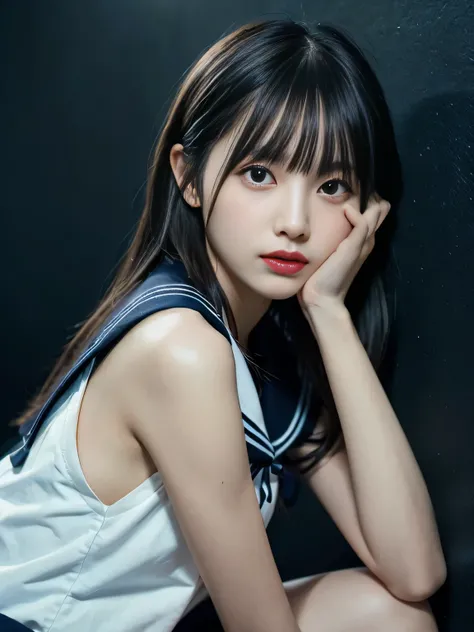 (Wearing a sailor suit 、Big Natural Color Lip,Close-up portrait of a girl with thin, long hair and blunt bangs:1.5)、(One girl sitting on a chair）、(Perfect Anatomy:1.3)、(Complete Hand:1.3)、(Full Finger:1.3)、Photorealistic、Raw photo、Tabletop、highest quality、...