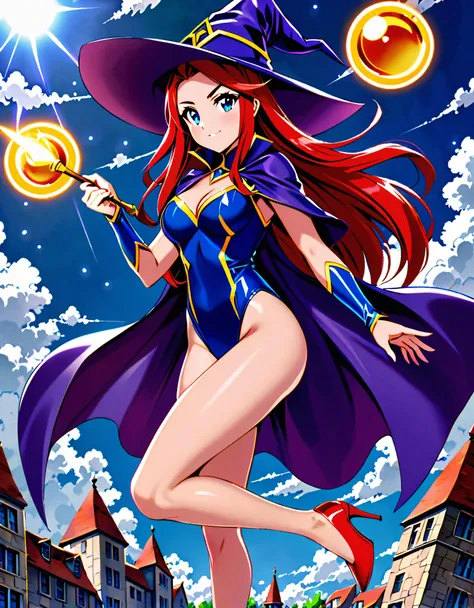 1girl, superhero, holding wand, witch academia, superhero sorceress witch, glamorous angewoman digimon, sky witch, by Aguri Uchida, maya ali as a lightning mage, leotard, blue leotard with white accent, bare legs, blue thigh-highs, red high heels, witch ha...