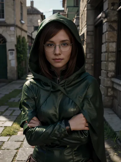 17th century. green hood, green cloak. short, Red hair, green eyes, metal frame glasses, smile girl thief 15 years old. photorealism. unreal engine. 3D model. Ultra high quality textures. 8k resolution