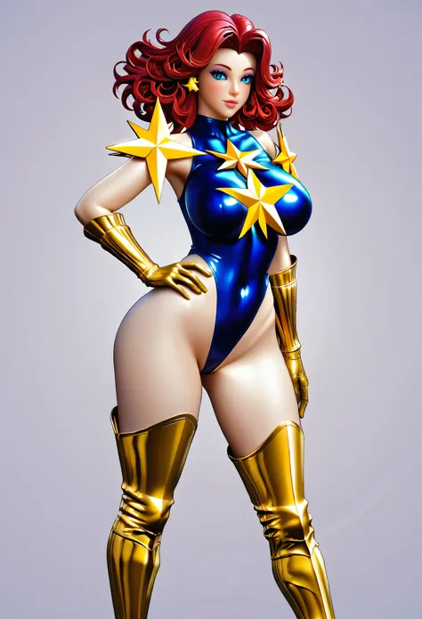 Sexy, Superheroine, Red hair, busty, ((blue highleg leotard with a t-back thong and a gold star insignia on chest)), gold boots, gold gloves, semi-realistic, curvy,