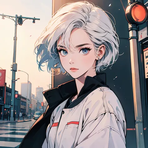 Upper Body、From below、One beautiful woman、4K、shirt、pedestrian crossing、Signal、intersection、Complex background、Fine hair、White Hair、short hair length、Faint lighting、The wind is blowing、Clear Eyes、Mysterious look