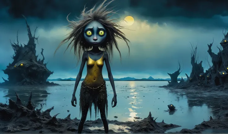 Chalcopyrite Mermaid,moana,golden black make up,longhair,goblin,freckles,pretty face,eyebrow up,full body shot,ominous landscape,glate gray atmosphere,Simon Stalenhag,Nicola Samori,Wangechi Mutu,prime colors,Lisa Frank, ,urban,extremely detailed, [night la...