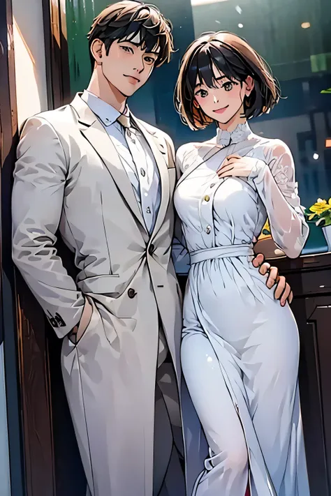 Male in his 30s, no bangs, white coat , Bob in her 20s, Couple pose , Bright room ,