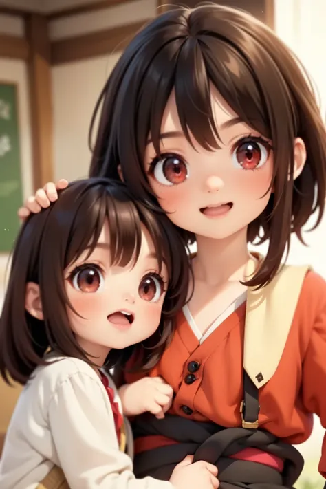 megumin have black hair, red eyes) with her 3 little daugheters esmeralda, ariarose and ruby: esmeralda have brown hair , red ey...