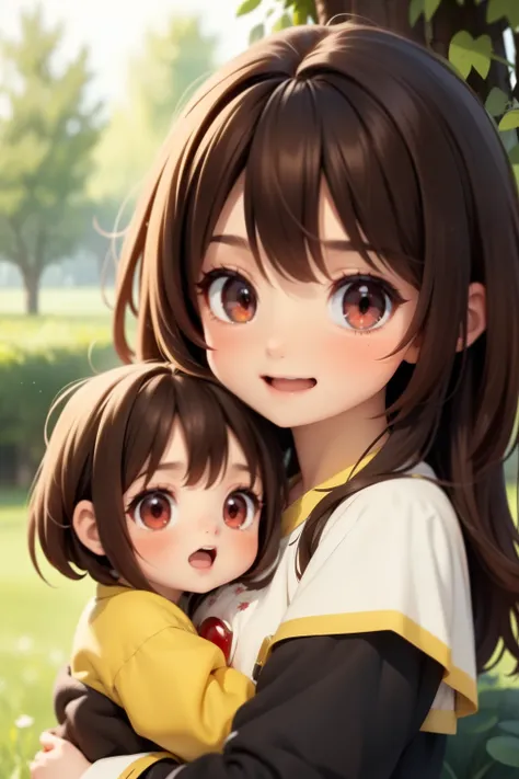 megumin have black hair, red eyes) with her 3 little daugheters esmeralda, ariarose and ruby: esmeralda have brown hair , red ey...