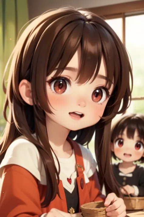 megumin have black hair, red eyes) with her 3 little daugheters esmeralda, ariarose and ruby: esmeralda have brown hair , red ey...