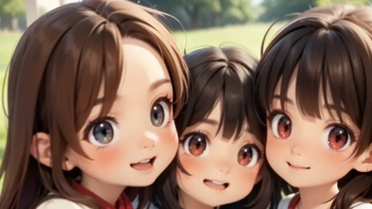 megumin has black hair, red eyes) with her three teenage daughters esmeralda, ariarose and ruby: esmeralda has brown hair, red e...